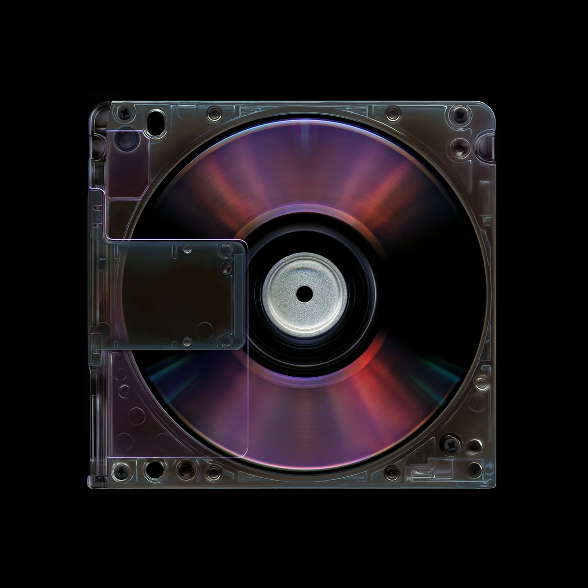 A translucent MiniDisc case revealing a metallic disc with spectral reflections